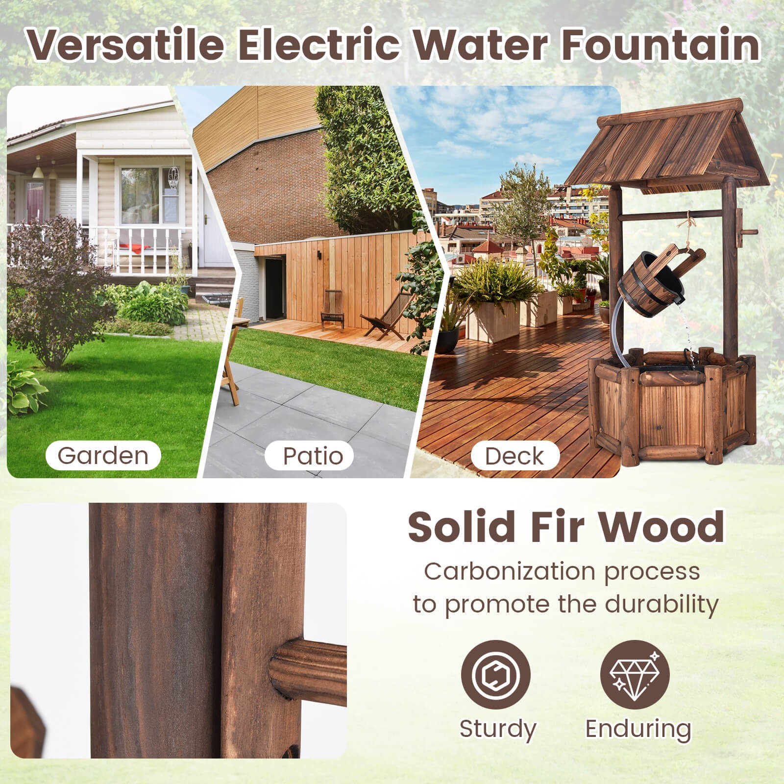 Garden Rustic Wishing Well Water Fountain Wooden Electric Backyard Pump Outdoor