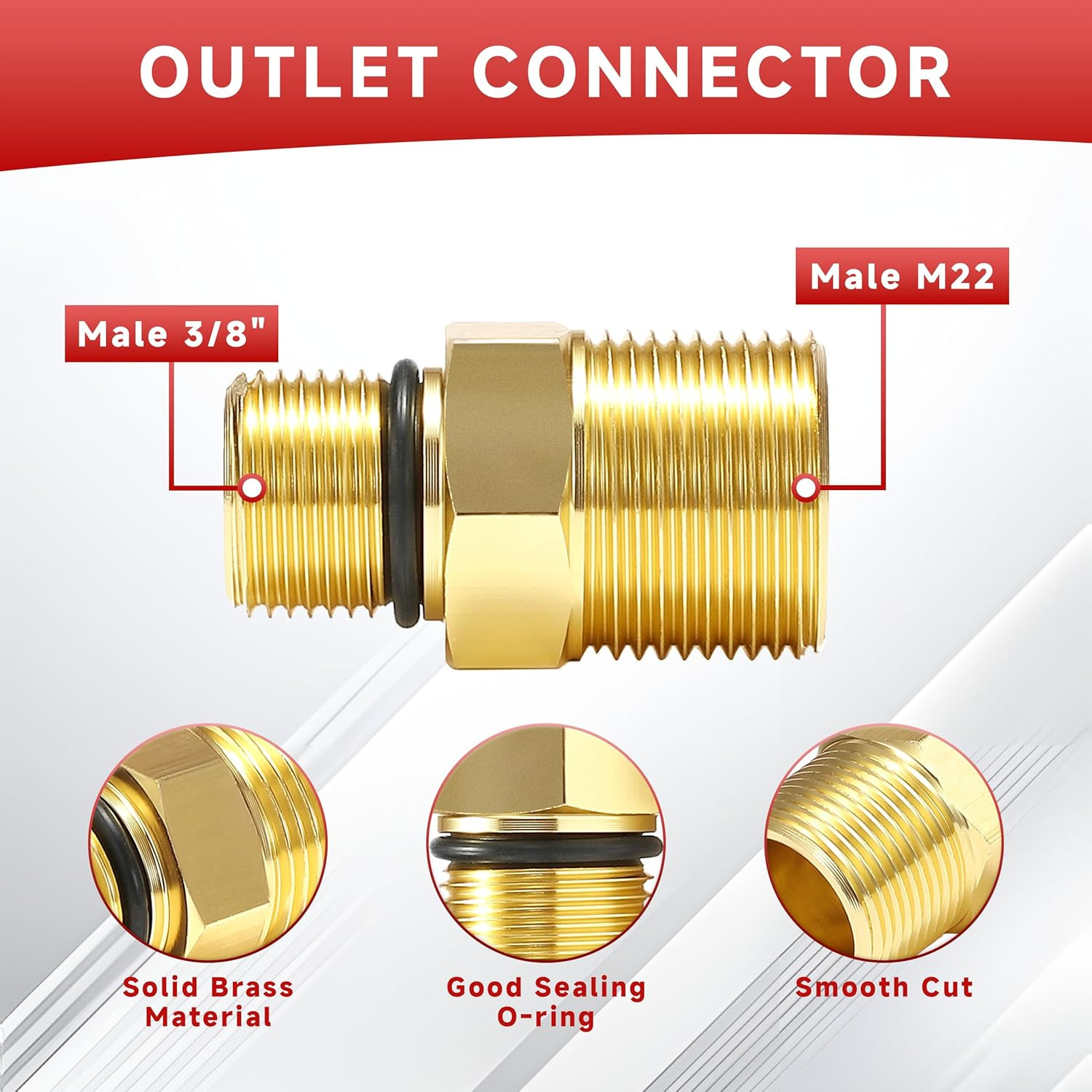 Water Outlet Fitting for Gas Powered Pressure Washer Pumps, M22 Male to 3/8″ Mal
