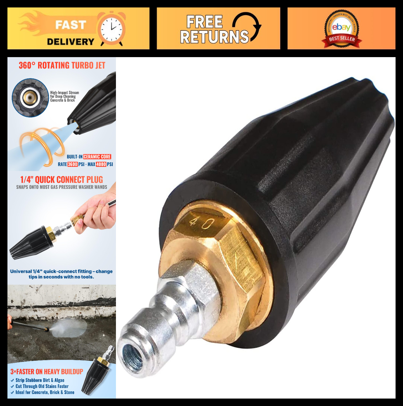Turbo Nozzle Pressure Washer Tips 3600 PSI, 4000 PSI, 360° Rotating Spray, 1/4″