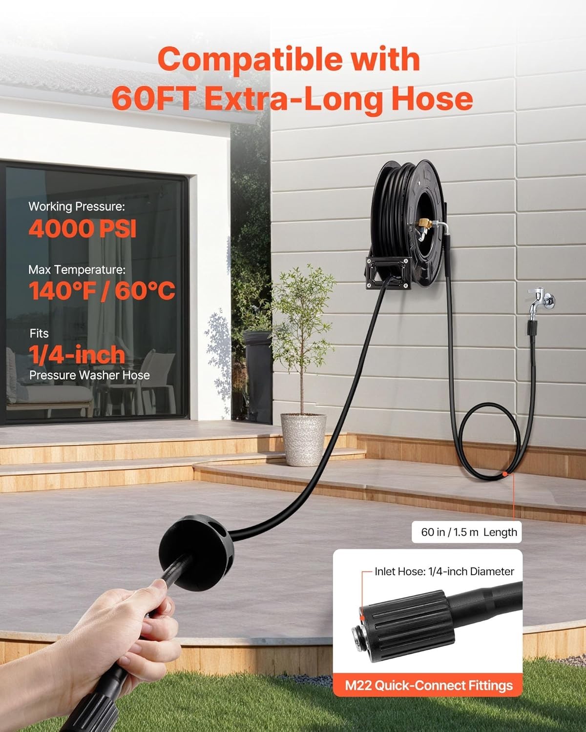Steel Pressure Washer Hose Reel 60 Ft x 1/4 inch – Hassle-Free Storage