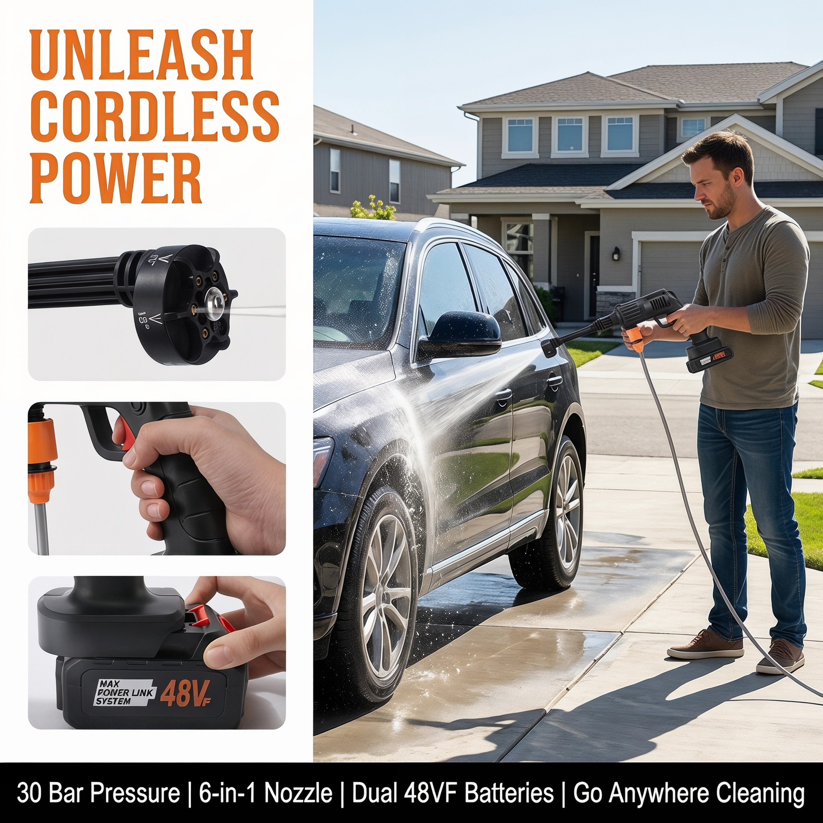 30 Bar Cordless Car Wash Gun 2 Lithium Batteries 6 in 1 Nozzle Foam Cannon Kit