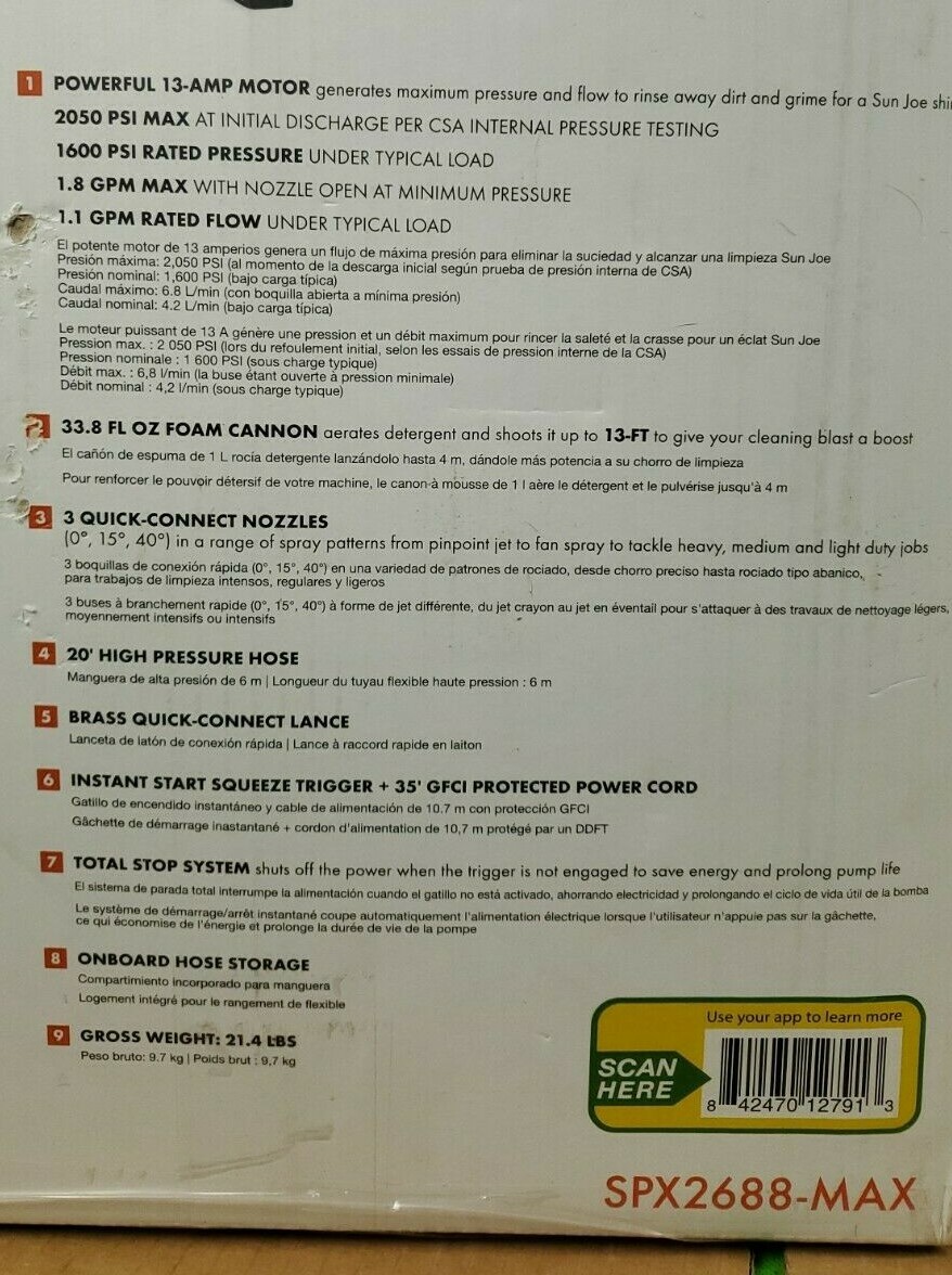 NEW Electric Pressure Washer Sun Joe SPX2688-MAX 13-Amp 2050 PSI MAX 1.8 GPM