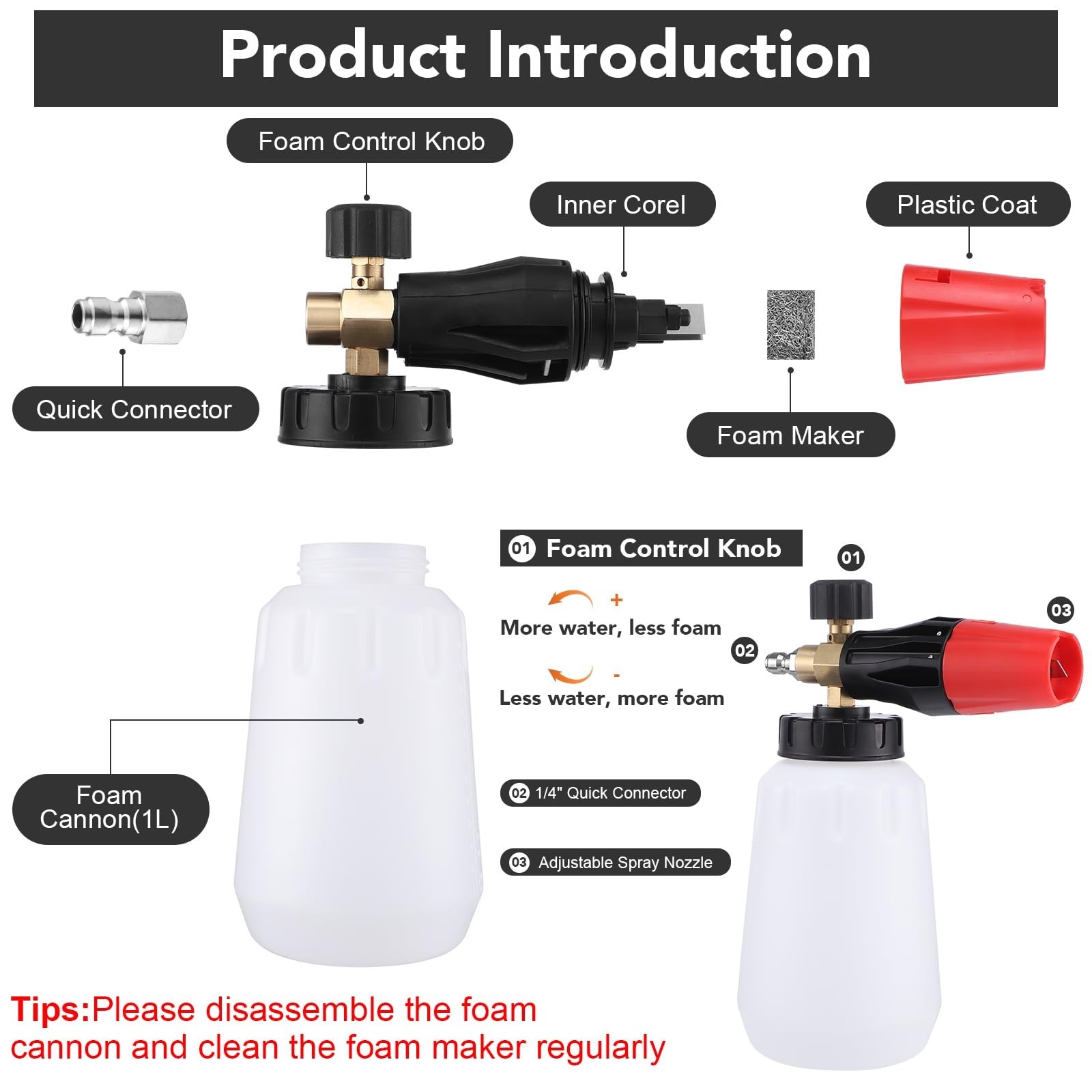 Pressure Washer Foam Cannon, 5000PSI Dual Connector, 2-in-1 Rinse Tool, 6 Nozzle