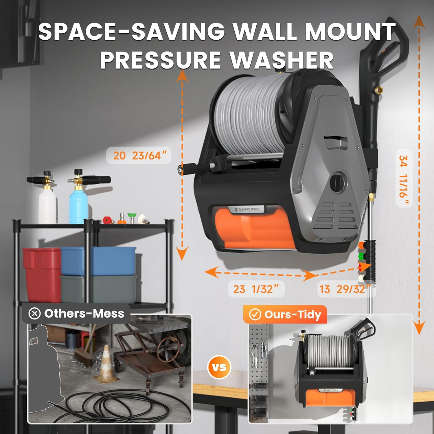 Grandfalls Retractable Wall Mounted Pressure Washer Pro, 3700 PSI, 1.6 GPM Elect