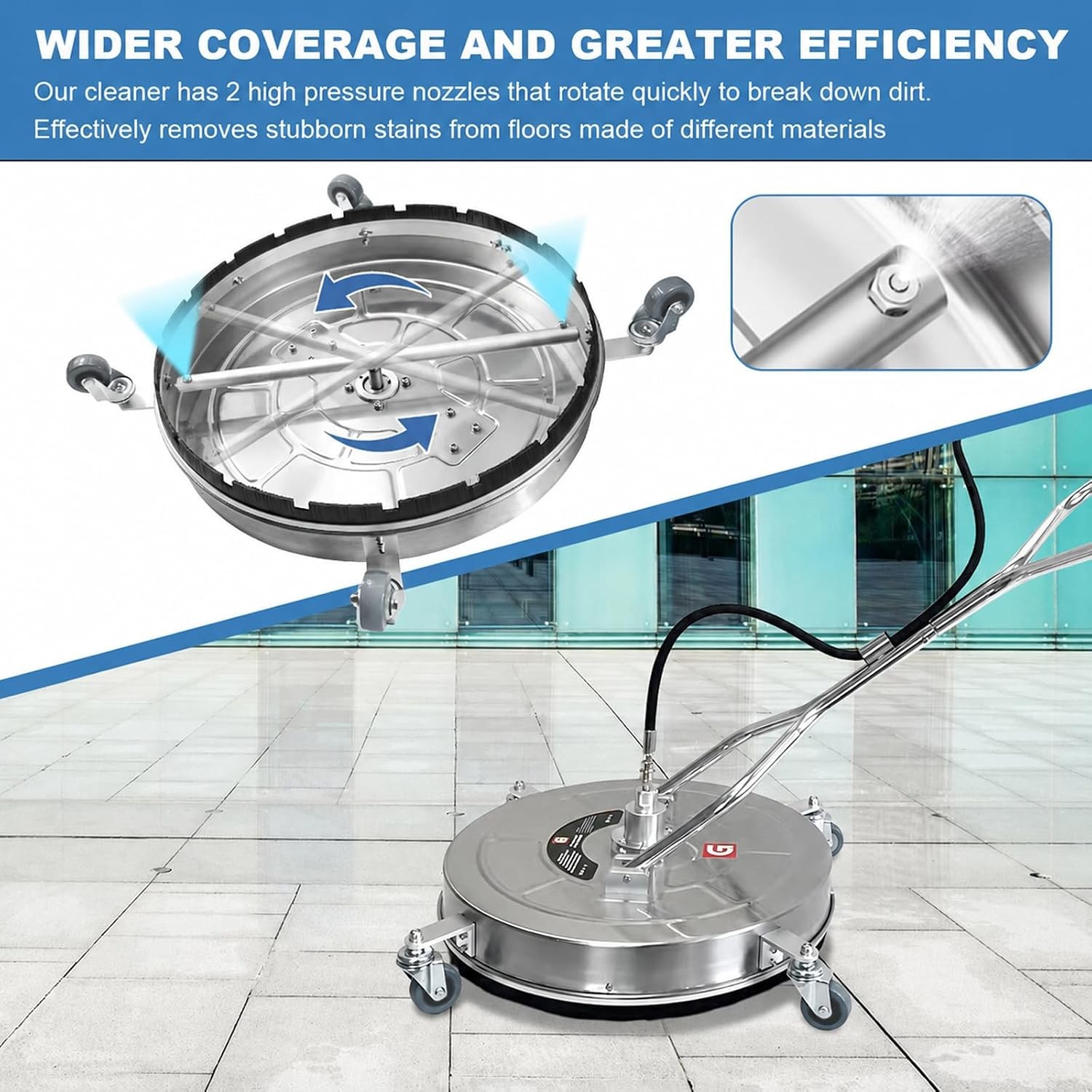 24″ Pressure Washer Surface Cleaner Stainless Steel Dual Handle Surface Cleaner