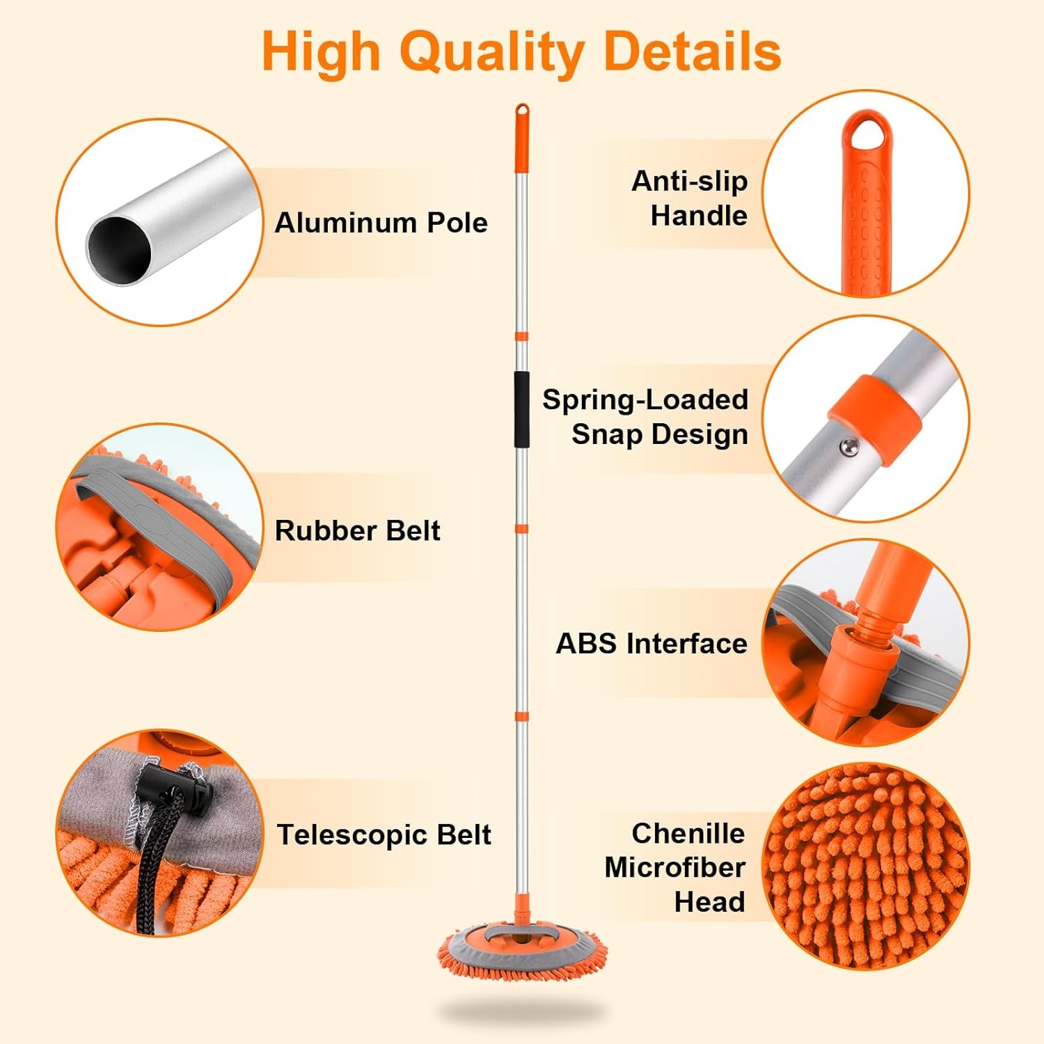 Ordenado 62″ Car Wash Brush Kit Mitt Mop Sponge with Long Handle D-orange