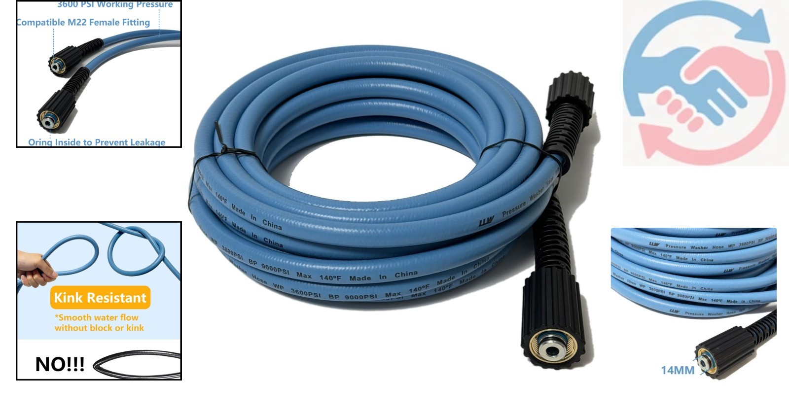 High-Pressure 25FT Hose with M22 Connectors, 3600PSI for Heavy-Duty Cleaning