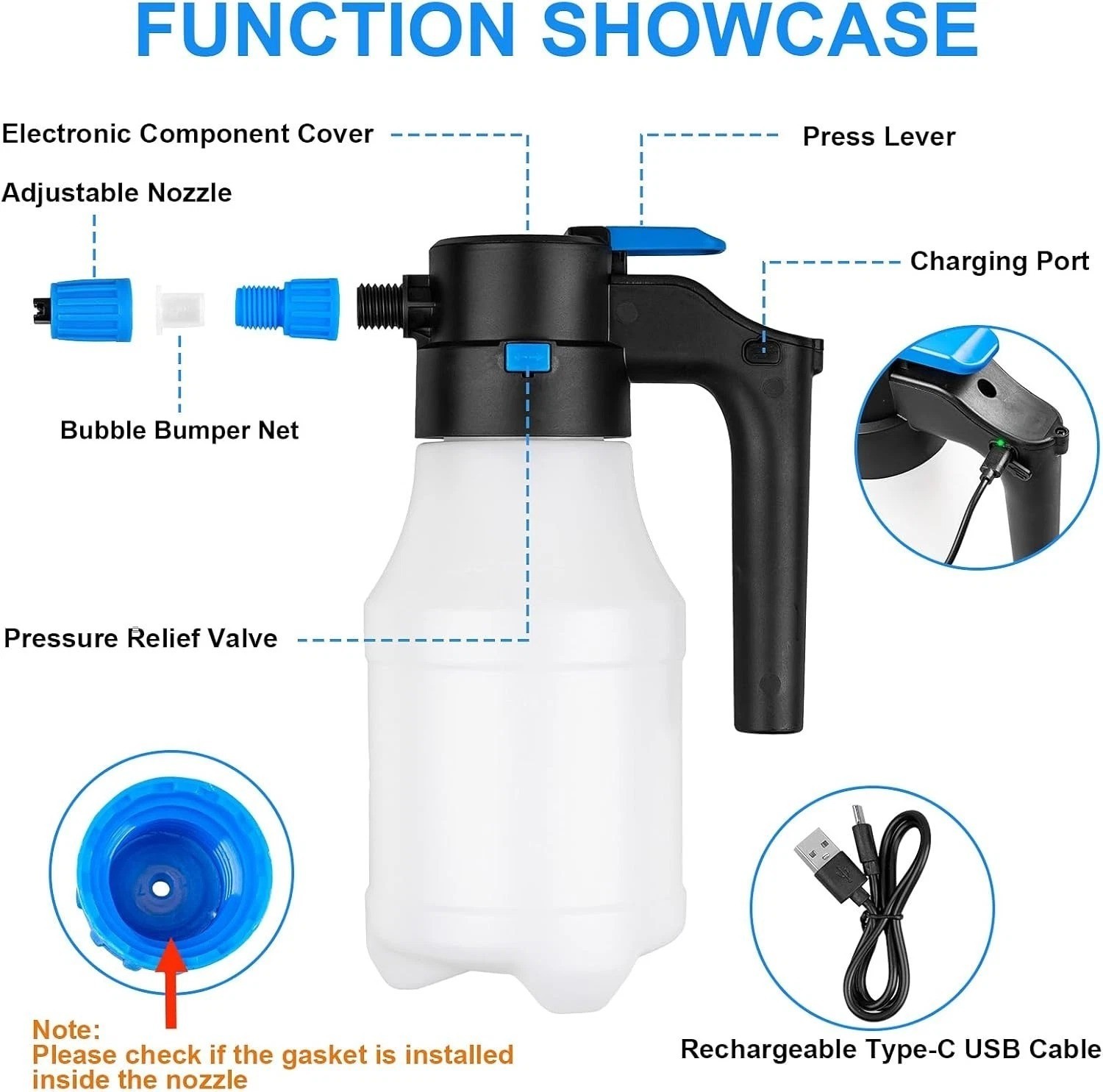 1.5L Electric Car Foam Sprayer, Foam Sprayer for Car Wash with USB Rechargeable