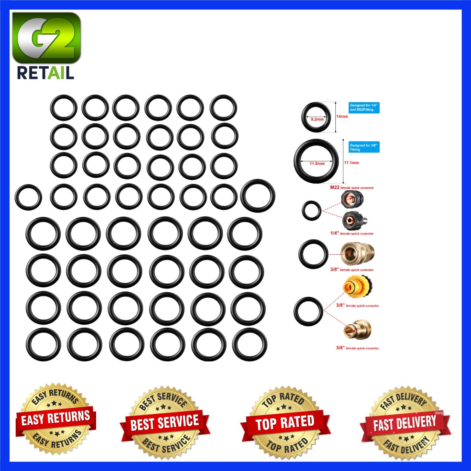 Durable 50-Piece O-Ring Set for Pressure Washers: 1/4in & 3/8in Compatibility