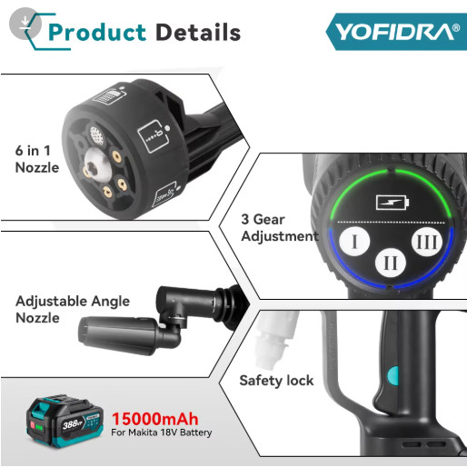 Yofidra 200Bar Brushless Cordless Pressure Washer 6IN1 Car Wash Gun 18V Tool
