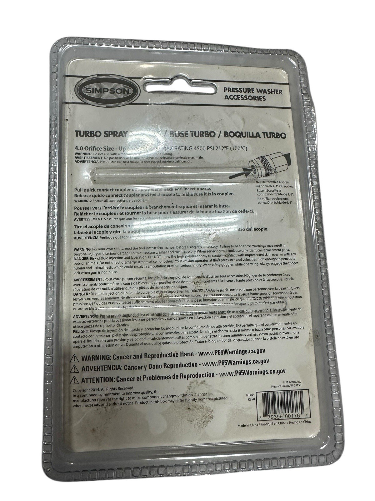 Simpson 80144 Turbo Spray Nozzle, Up to 4500 PSI Quick Connect Oscillating NEW
