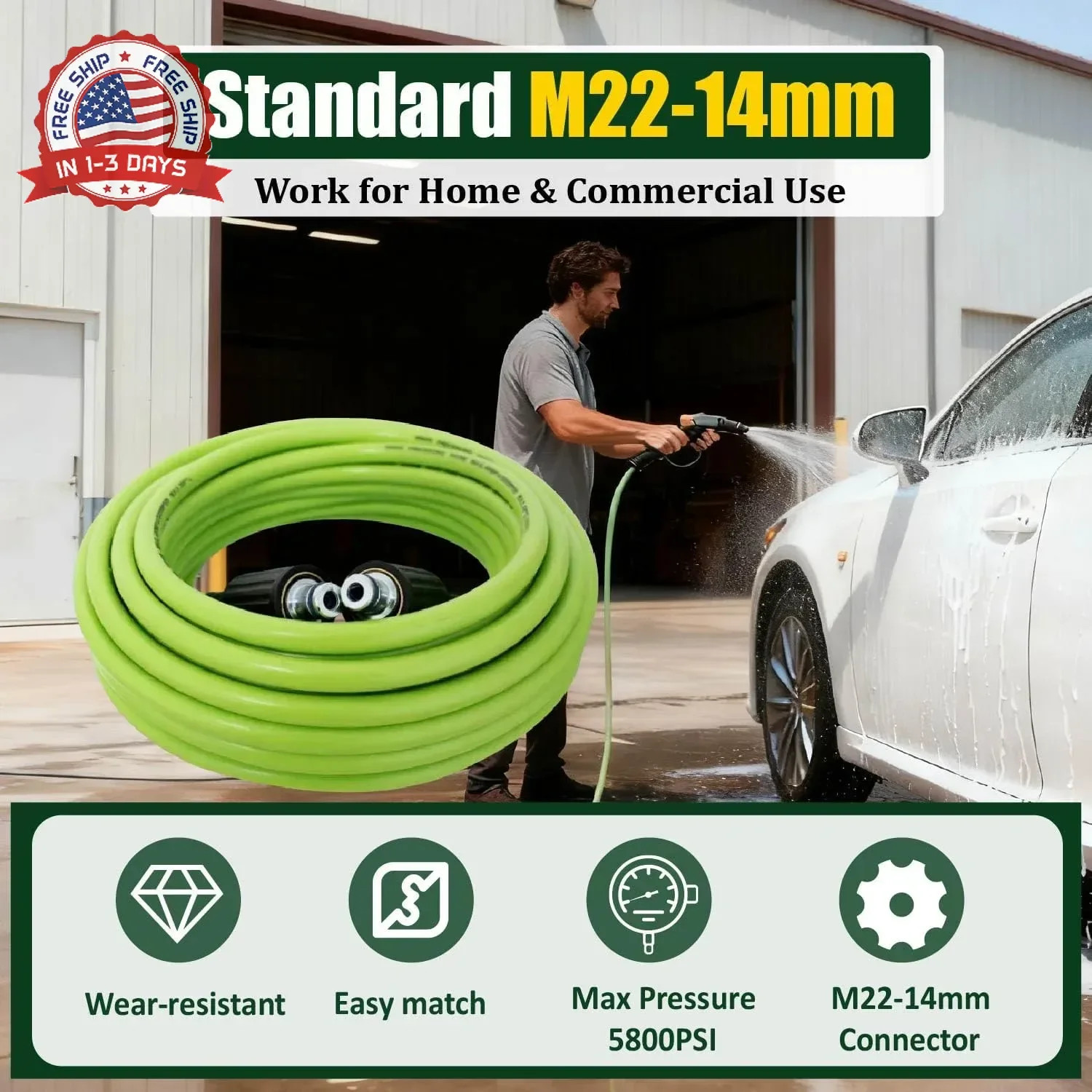 Pressure Washer Hose 50FT for Power Washer, 5800 PSI Kink Resistant Pressure Was