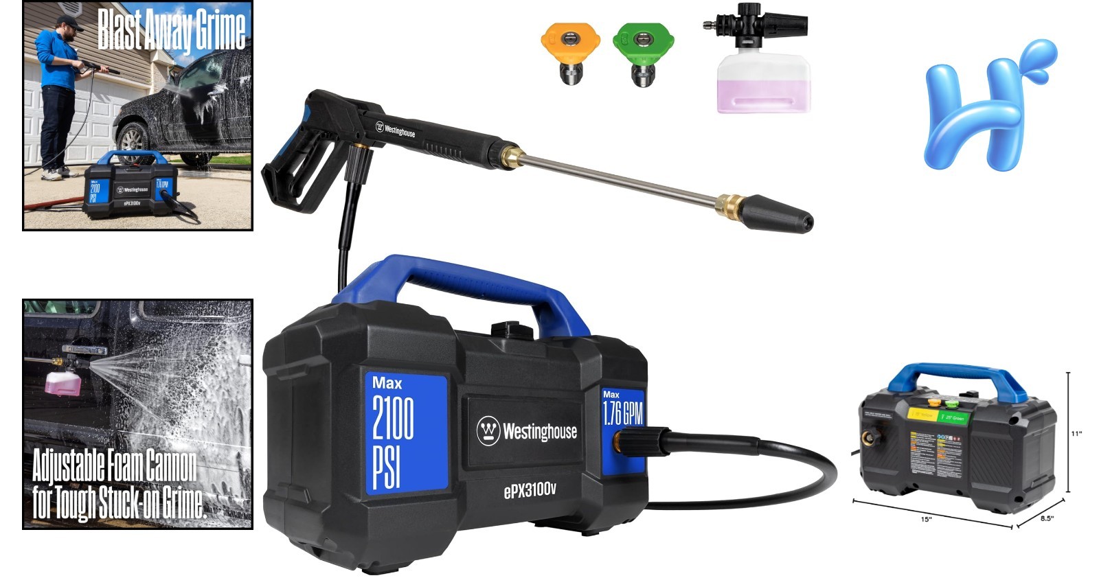 ePX3100v Electric Pressure Washer 2100 PSI with Portable Foam Cannon & 3 Nozzles