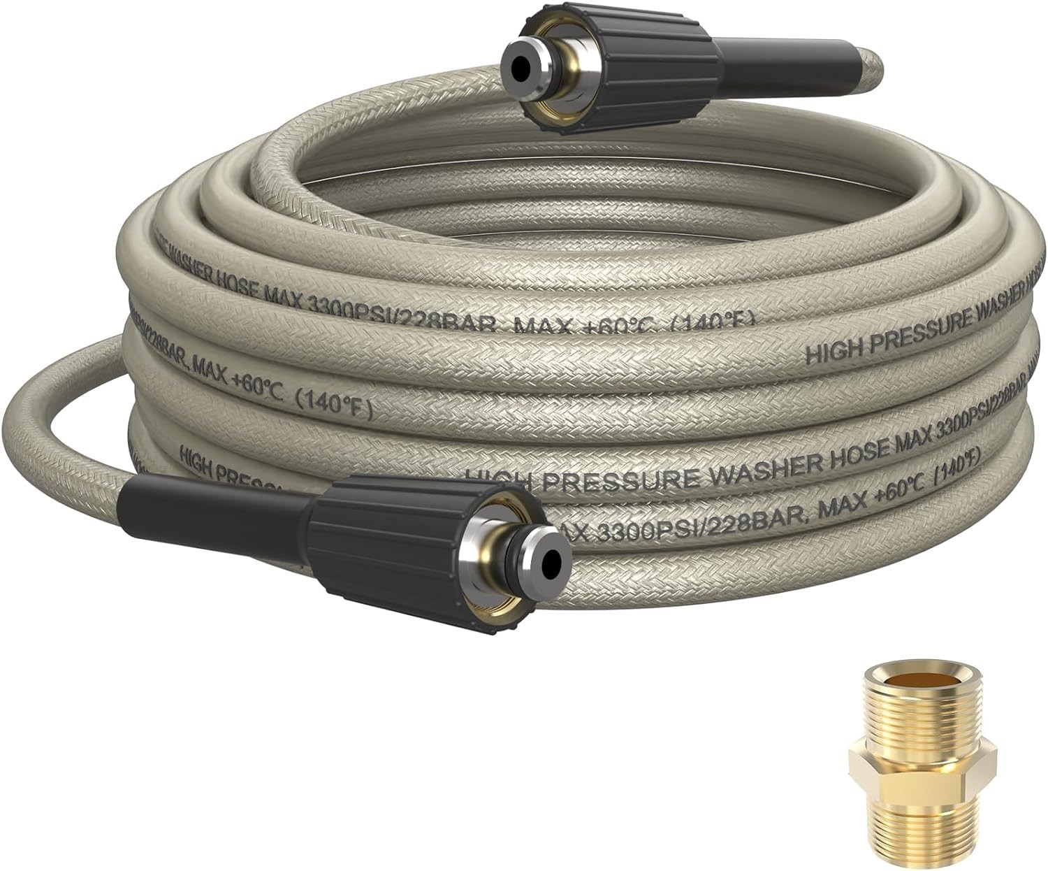 Gray 25′ Kink Free High Pressure Washer Hose – M22-14mm Brass Fittings Included