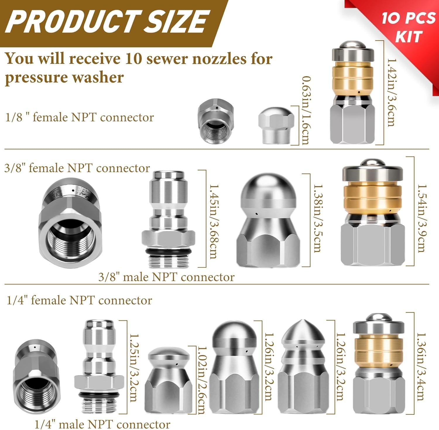 10pcs Sewer Jetter Nozzle Kit Stainless Steel Jetter Heads Kit 1/4″ & 3/8″ NPT