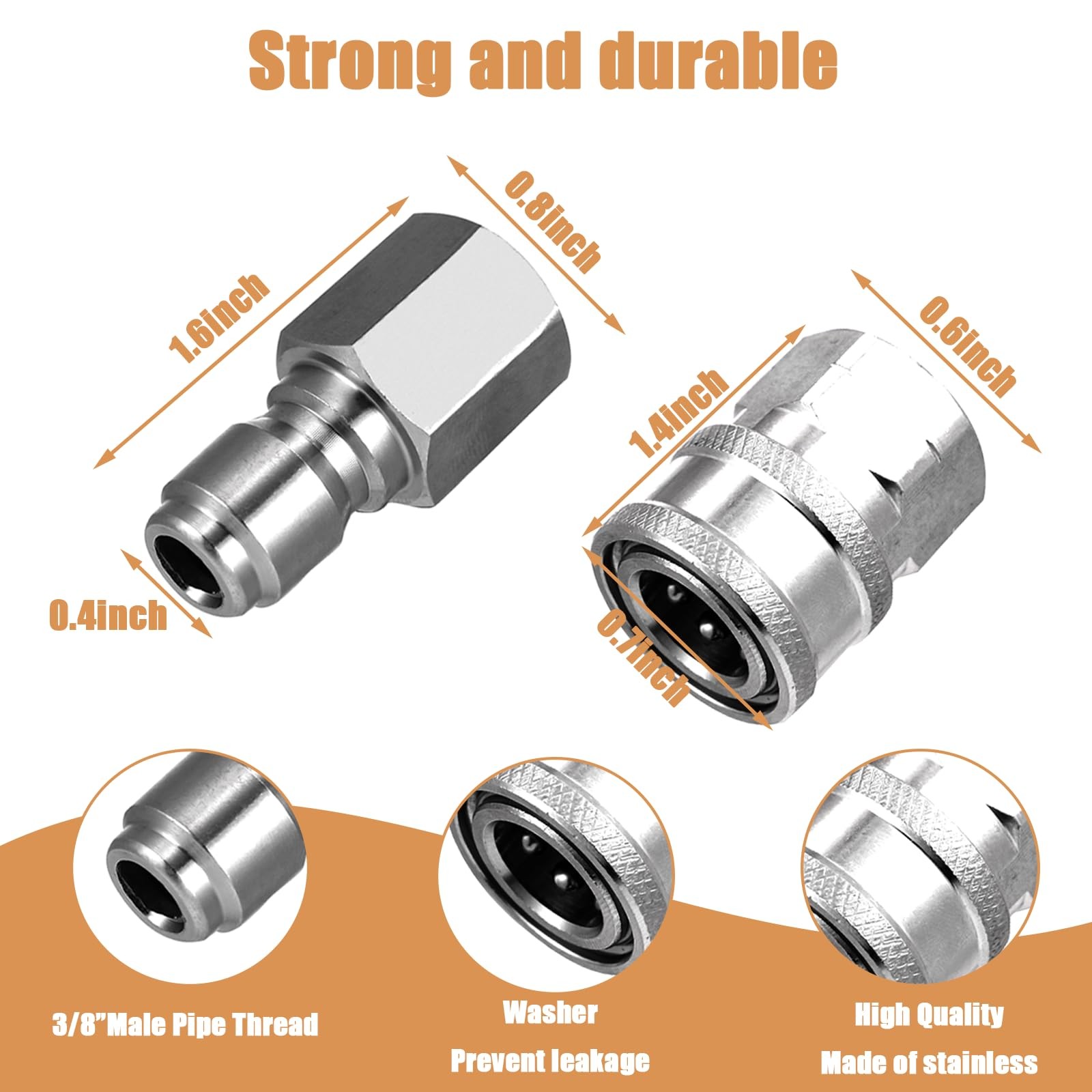 4 Sets NPT 3/8 Inch Pressure Washer Coupler Quick Connect Plug Stainless Stee…