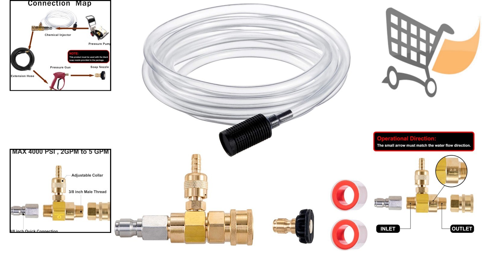 Pressure Washer Chemical Injector Kit Brass Stainless Steel 3/8 Inch 4000 PSI