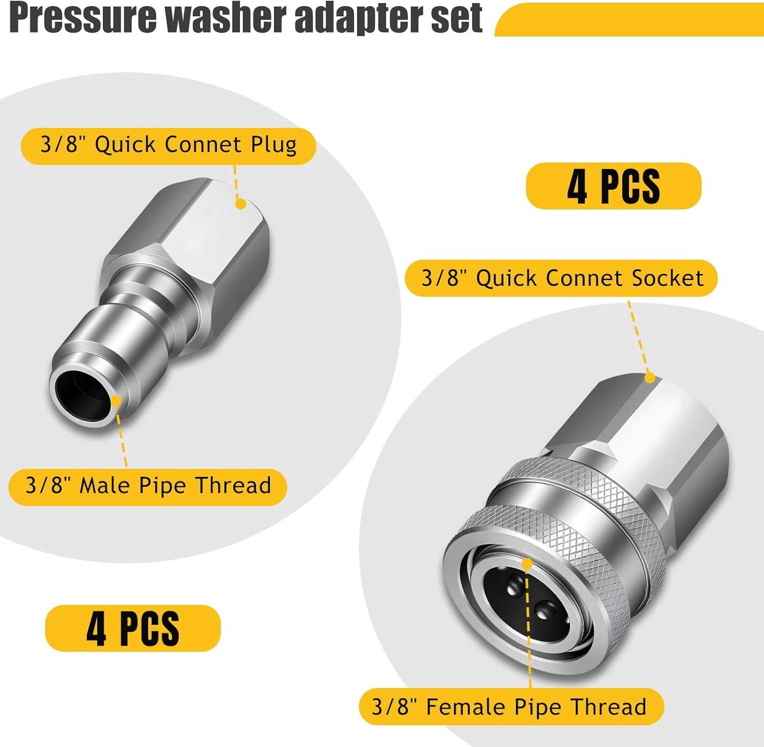 8Pcs NPT 3/8 Inch Stainless Steel Male & Female Quick Connector Kit Pressure