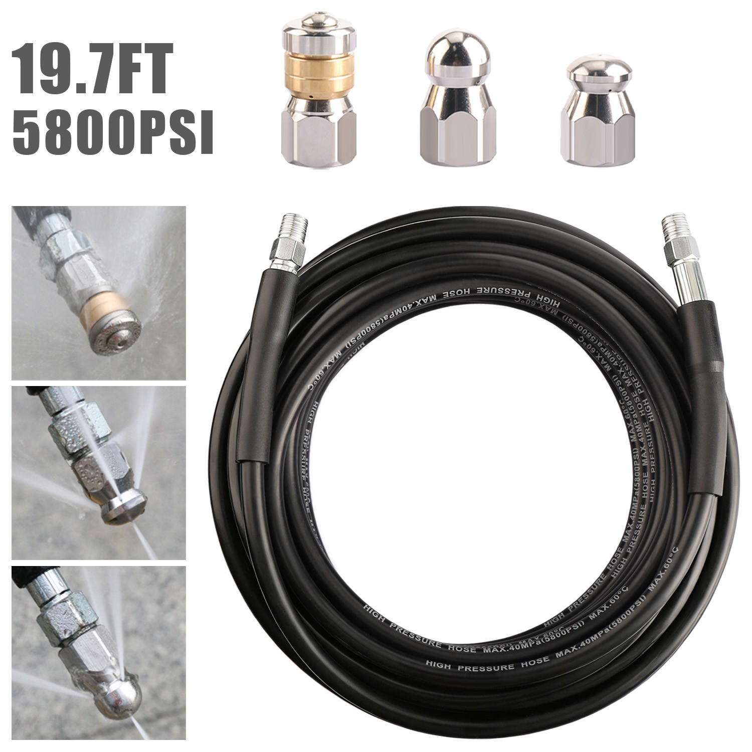 20FT Sewer Jetter Nozzles Kit Drain Cleaning Hose for Pressure Washer 5800PSI US