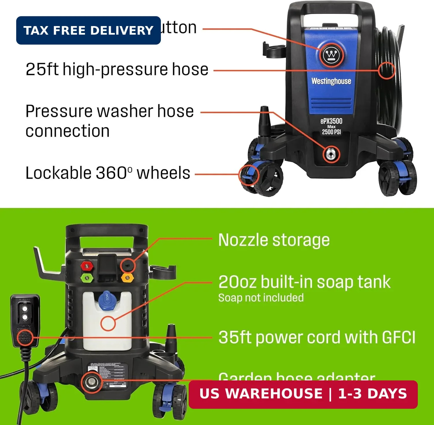 Westinghouse ePX3500 Electric Pressure Washer, 2500 Max PSI 1.76 Max GPM with An
