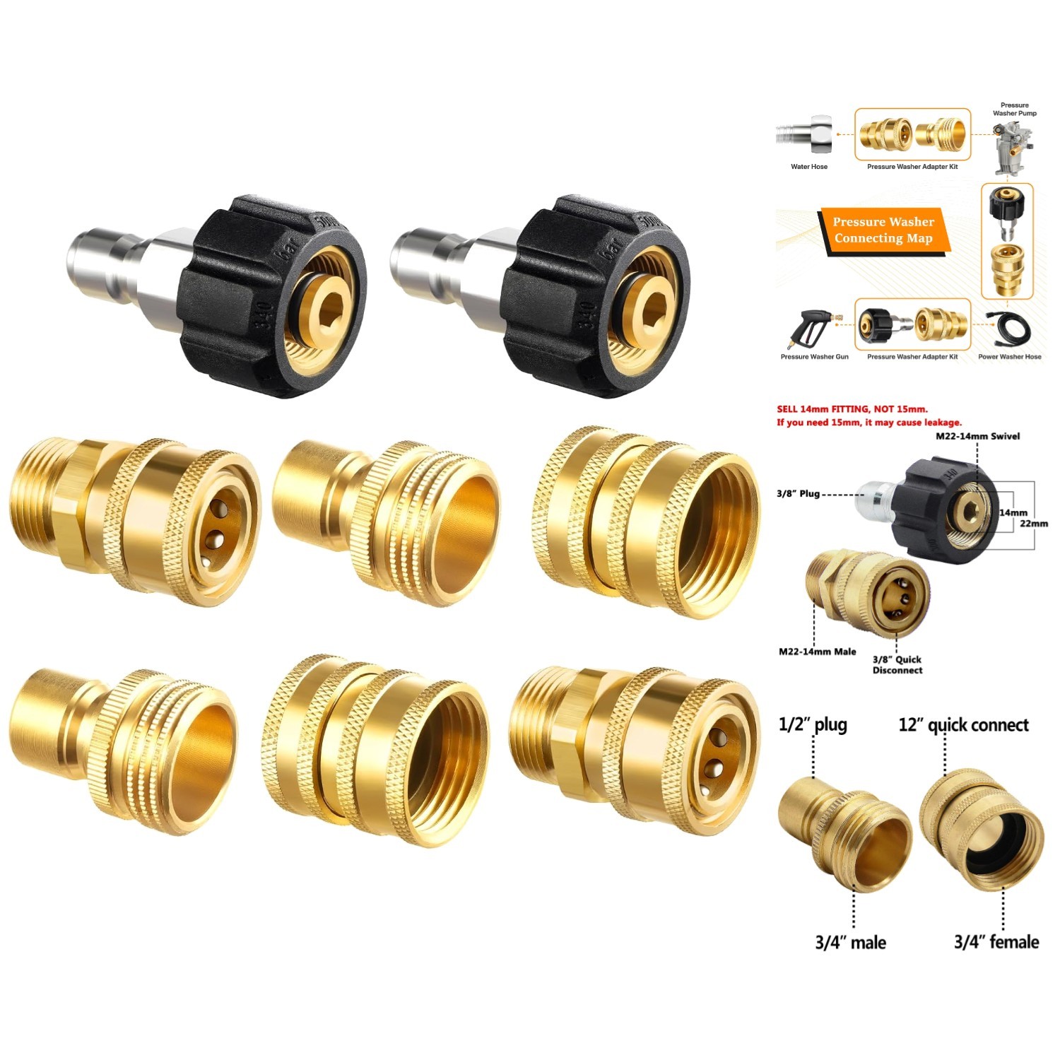 Brass Quick Connect Pressure Washer Adapter Set – 2 X M22 & 3/4” Connectors