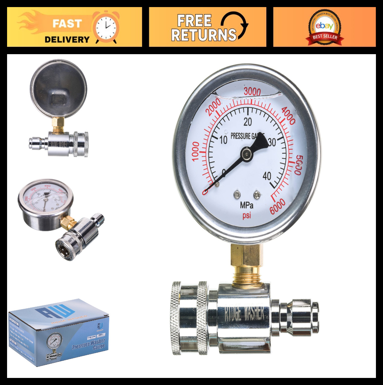 High-Pressure Washer Gauge 6000 PSI | 3/8” Quick Connect Socket & Plug
