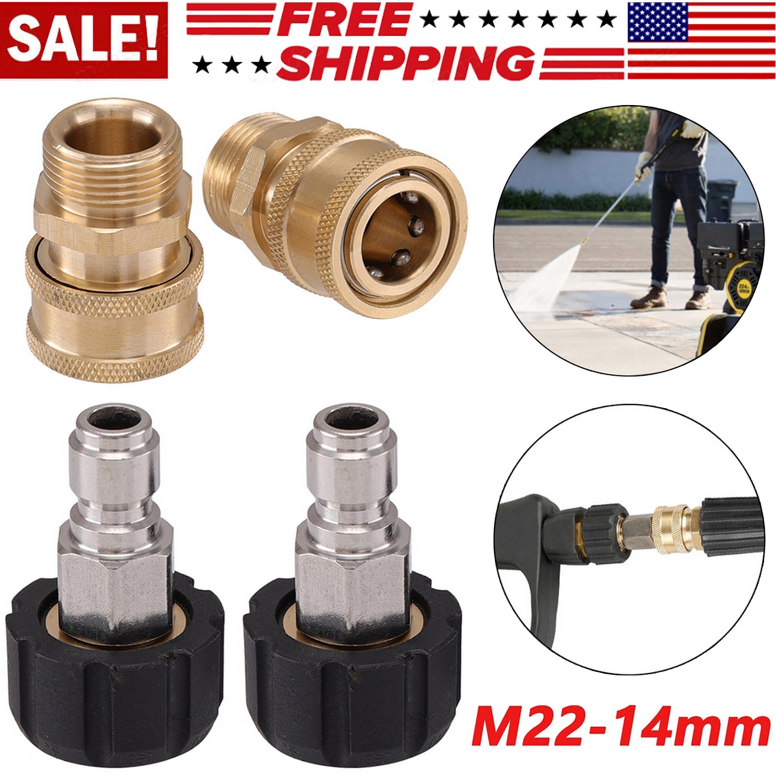 4X Pressure Washer Adapter Set Quick Disconnect Kit M22-14MM Swivel 3/8”Connect