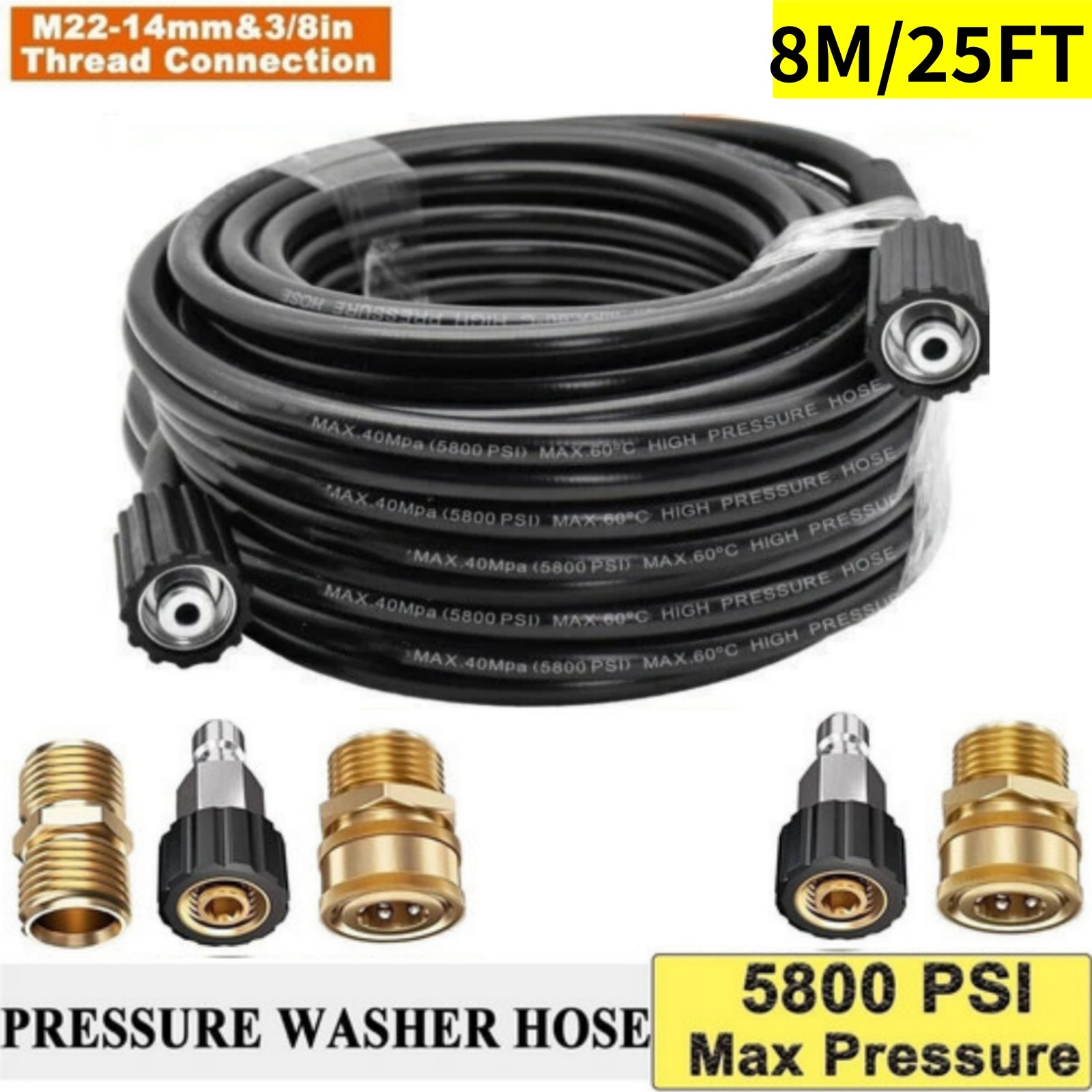 25FT 5800PSI Replacement High Pressure Power Washer Hose M22- 3/8″ Quick Connect