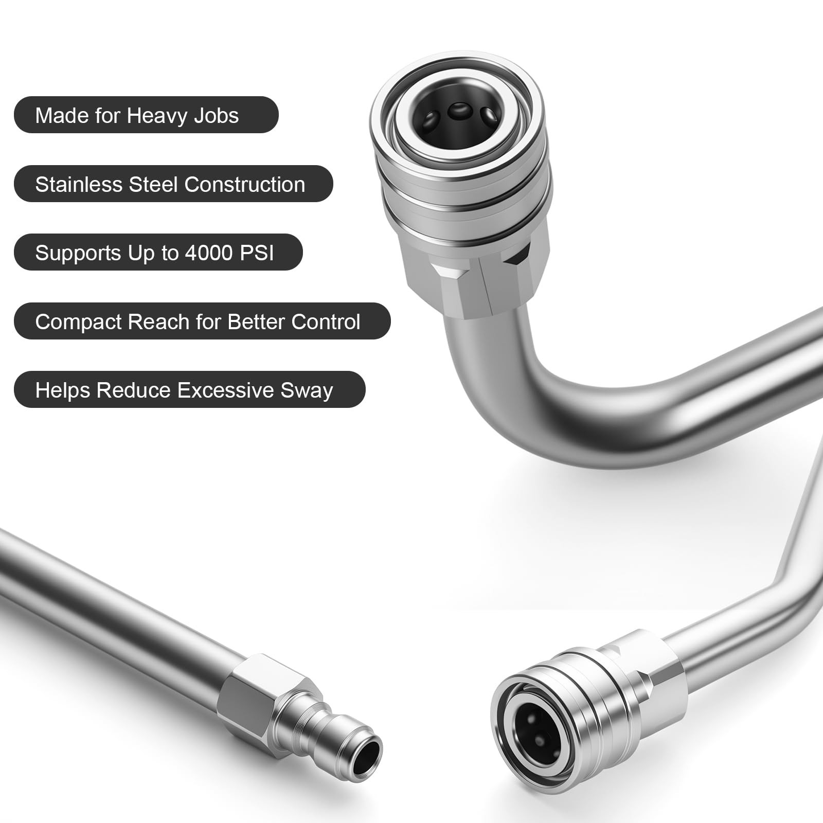4000 PSI Pressure Washer Extension Wand – 4 Curved Stainless Steel Rods & 5 Nozz