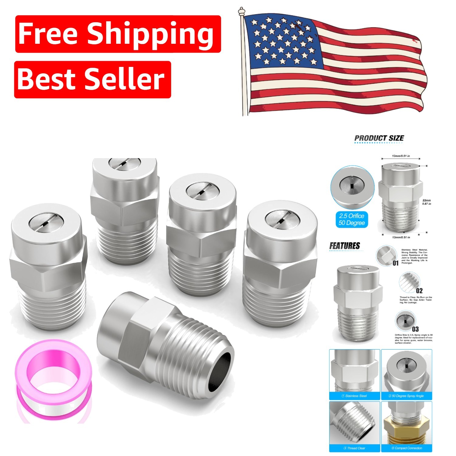 Effortless Cleaning: 50 Degree Stainless Steel Surface Cleaner Nozzles – 5-Pack