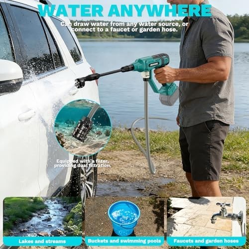 Portable Cordless Pressure Washer 700 PSI, 6-in-1 Nozzle, Adjustable, Battery Po