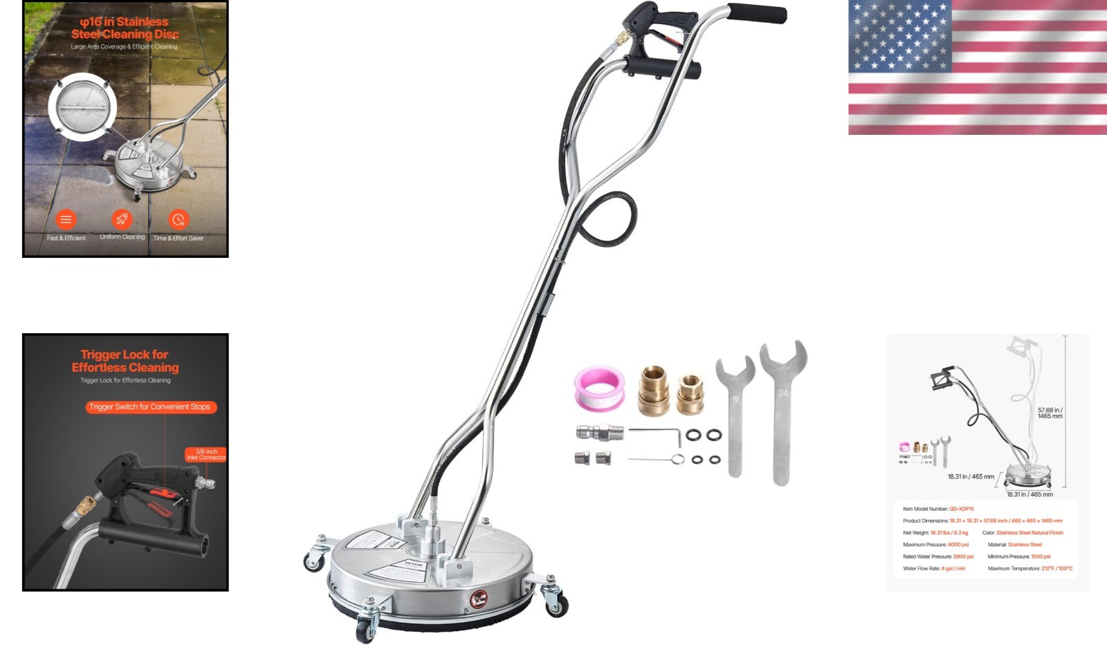 Professional 4000 PSI Stainless Steel Surface Cleaner with Dual Handle & Wheels