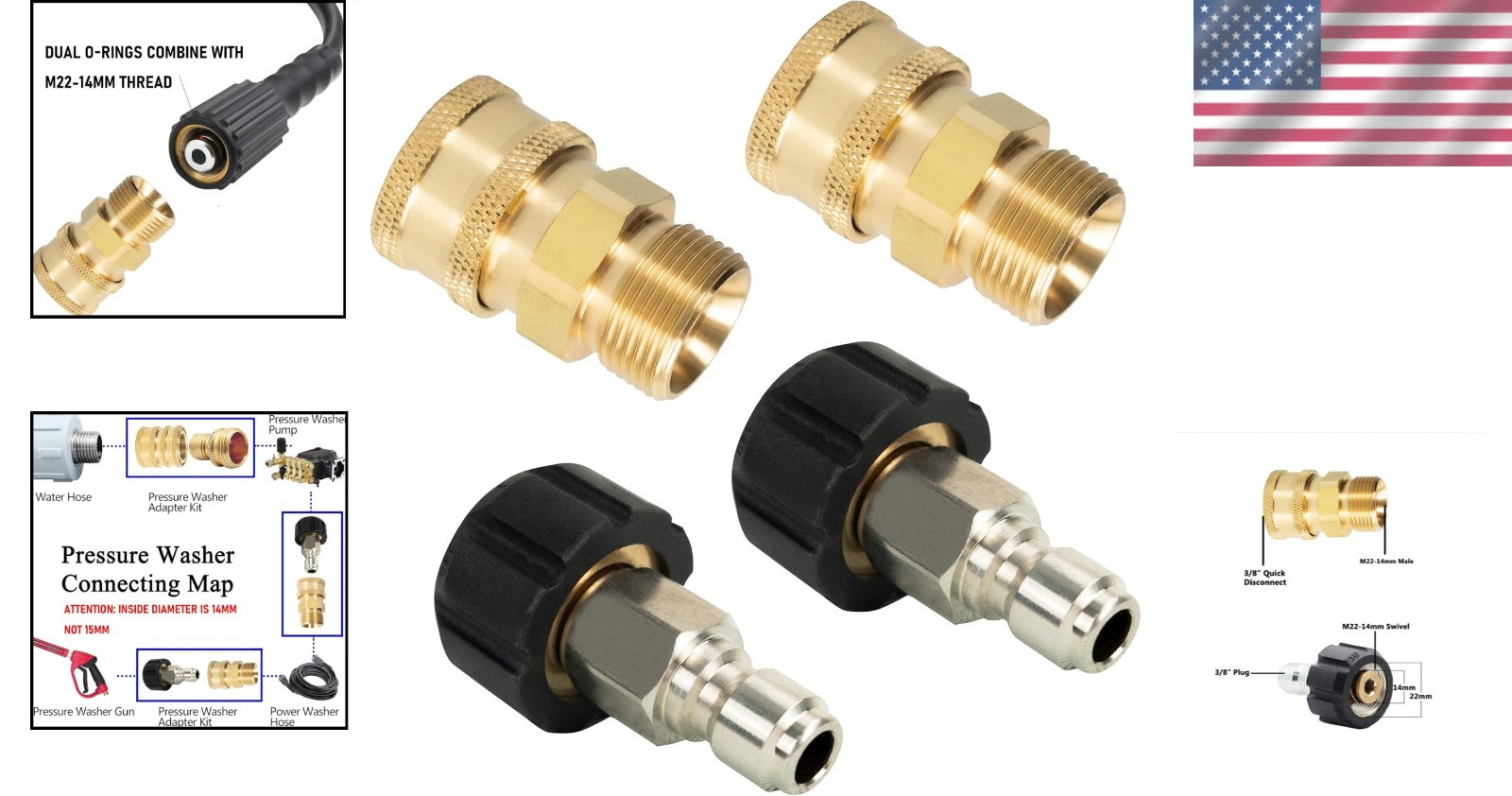 M22 Quick Connect Kit 4 Pack Pressure Washer Fittings, Durable Brass