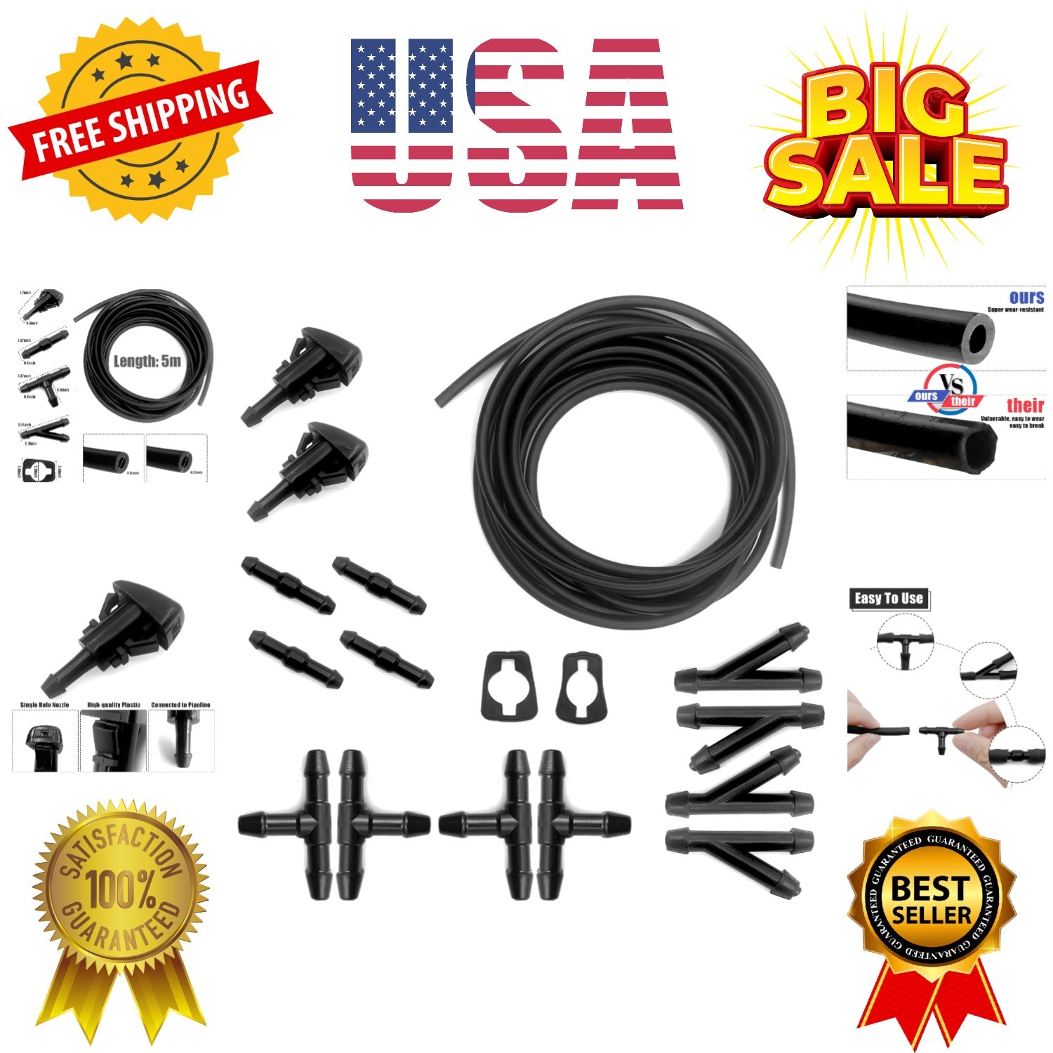 Windshield Washer , 5M Washer Fluid Hose+12 Pcs Hose Connectors+2 Fan Nozzles…
