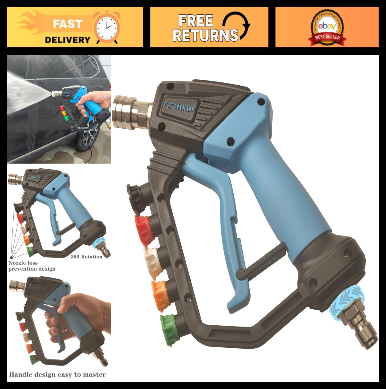 High Power Pressure Washer Gun with Swivel, 5 Nozzles, 5000 PSI, Loss Prevention