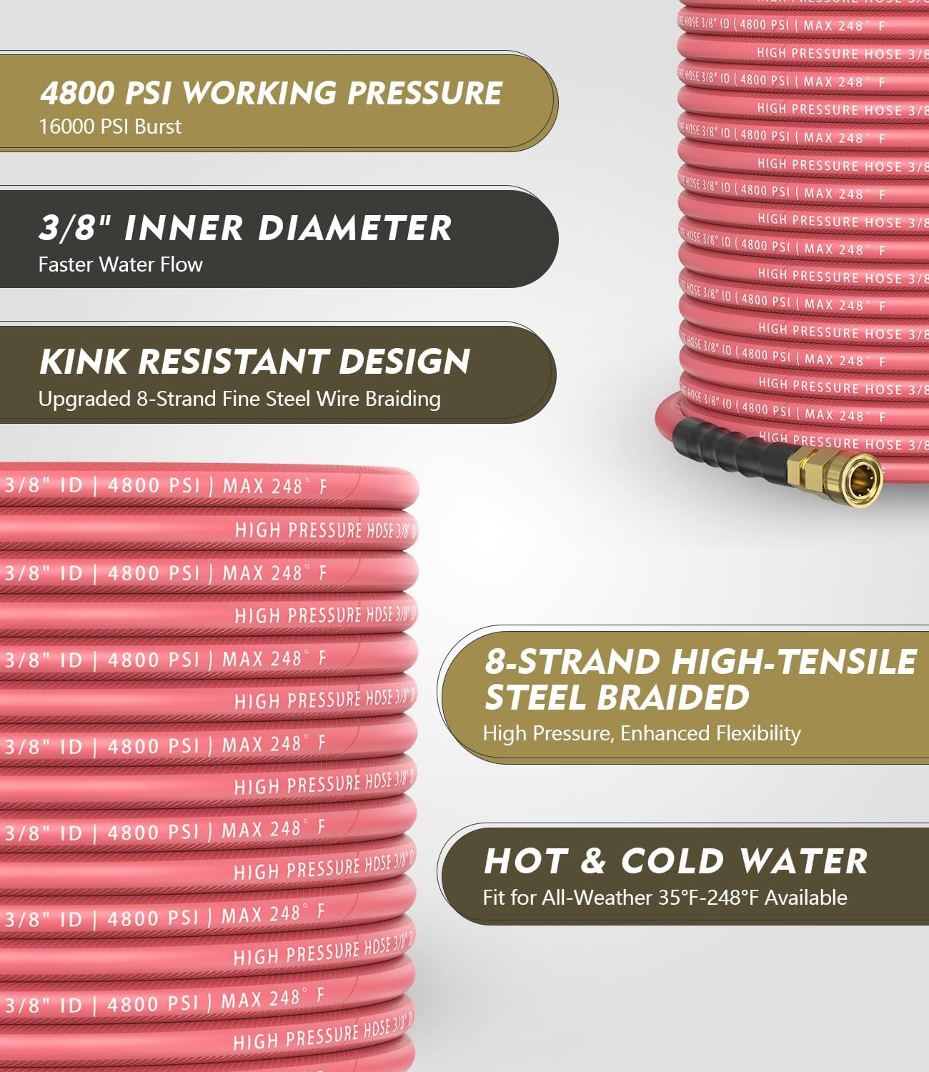 3/8″ 4800PSI Pressure Washer Hose 100FT with 360° Swivel Quick Connect, Flexible