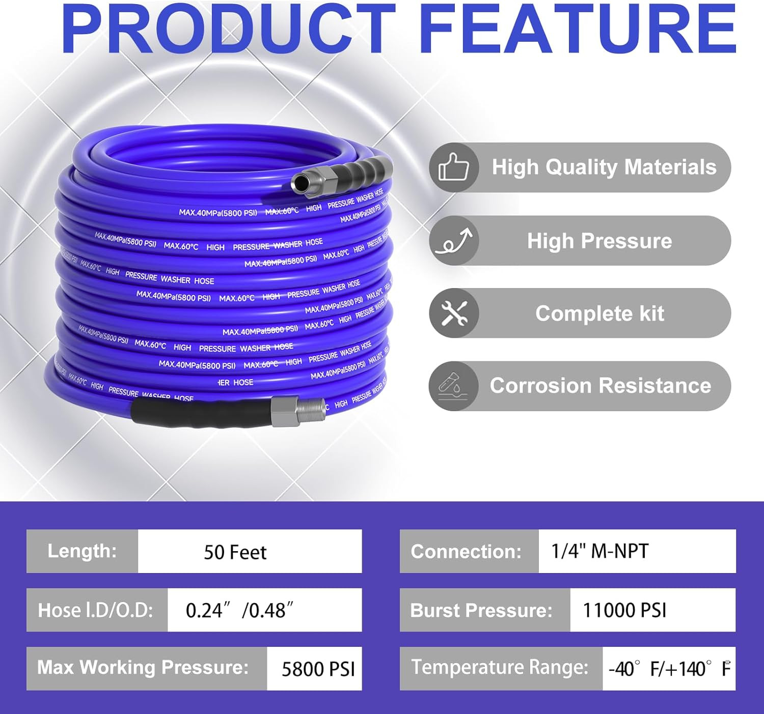 50FT Sewer Jetter Kit for Pressure Washer 1/4″NPT Drain Cleaner Hose 5800PSI Cor