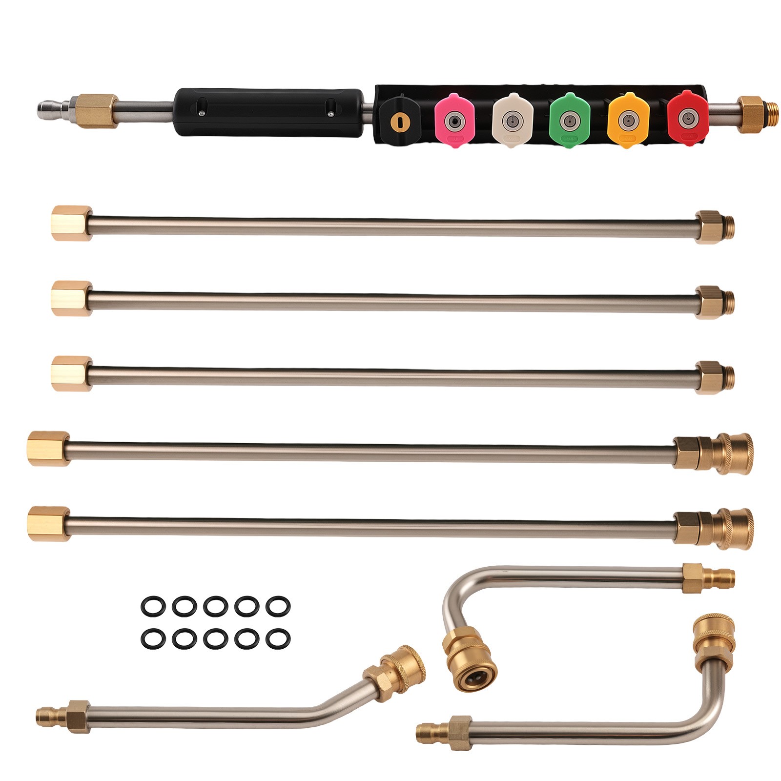 97inch Pressure Washer Wand Kit 4000PSI 6 Nozzles 3 Curved Rods Brass Steel