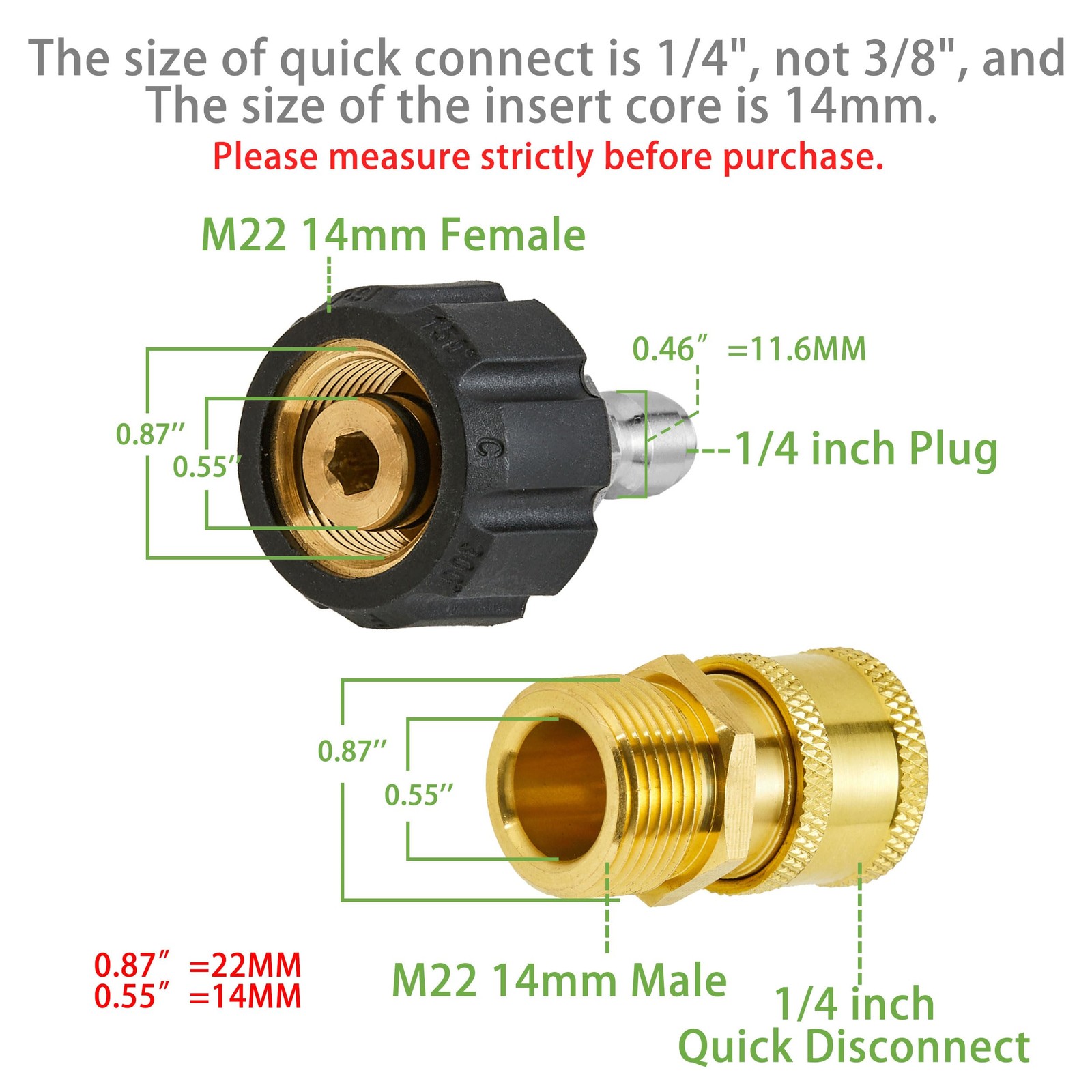 Pressure Washer Adapter Set M22 14mm to 1/4” Quick Connect Fitting Kit