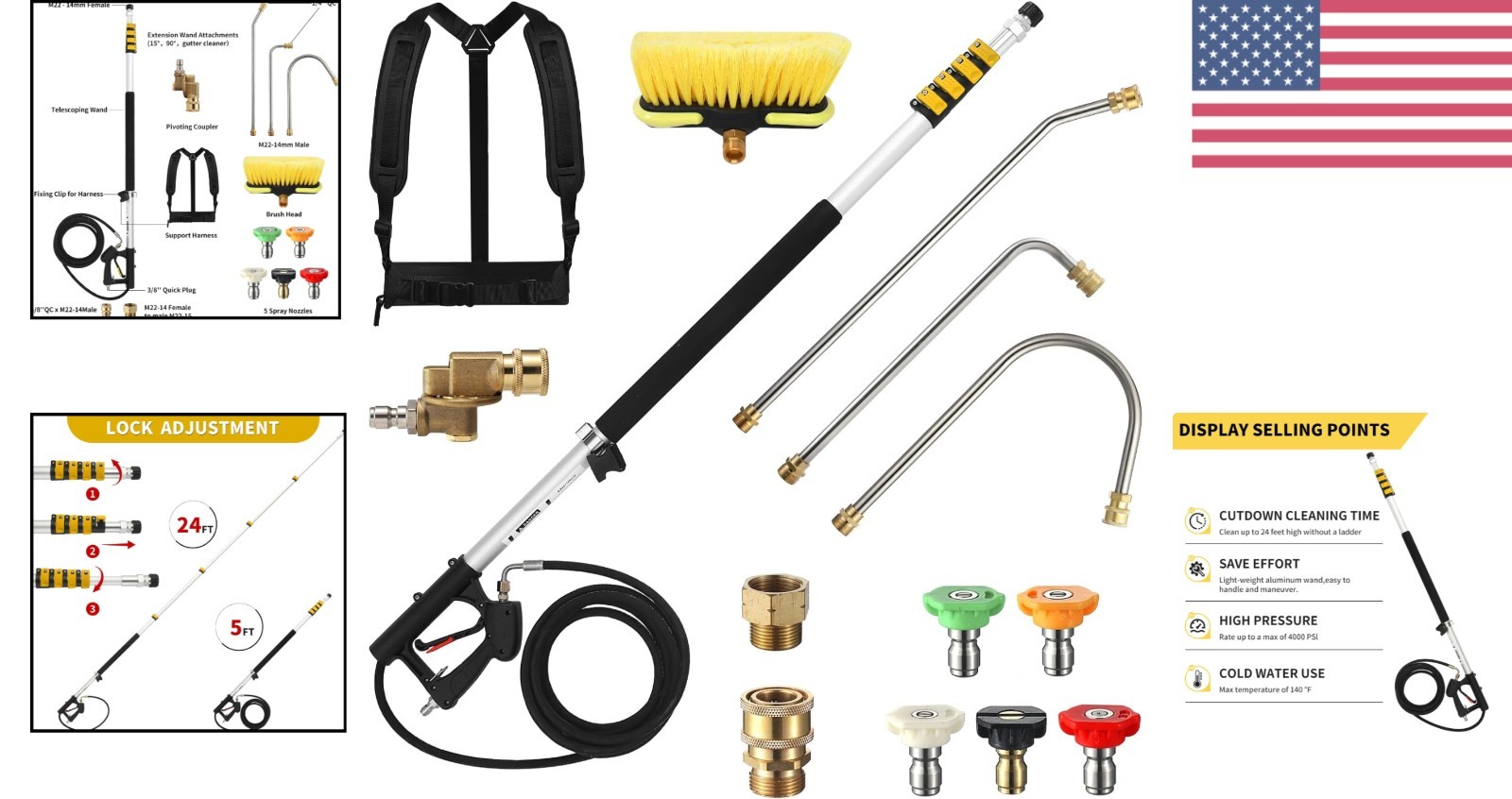 Telescoping Pressure Washer Wand 24 FT with 5 Spray Nozzles and Support Belt