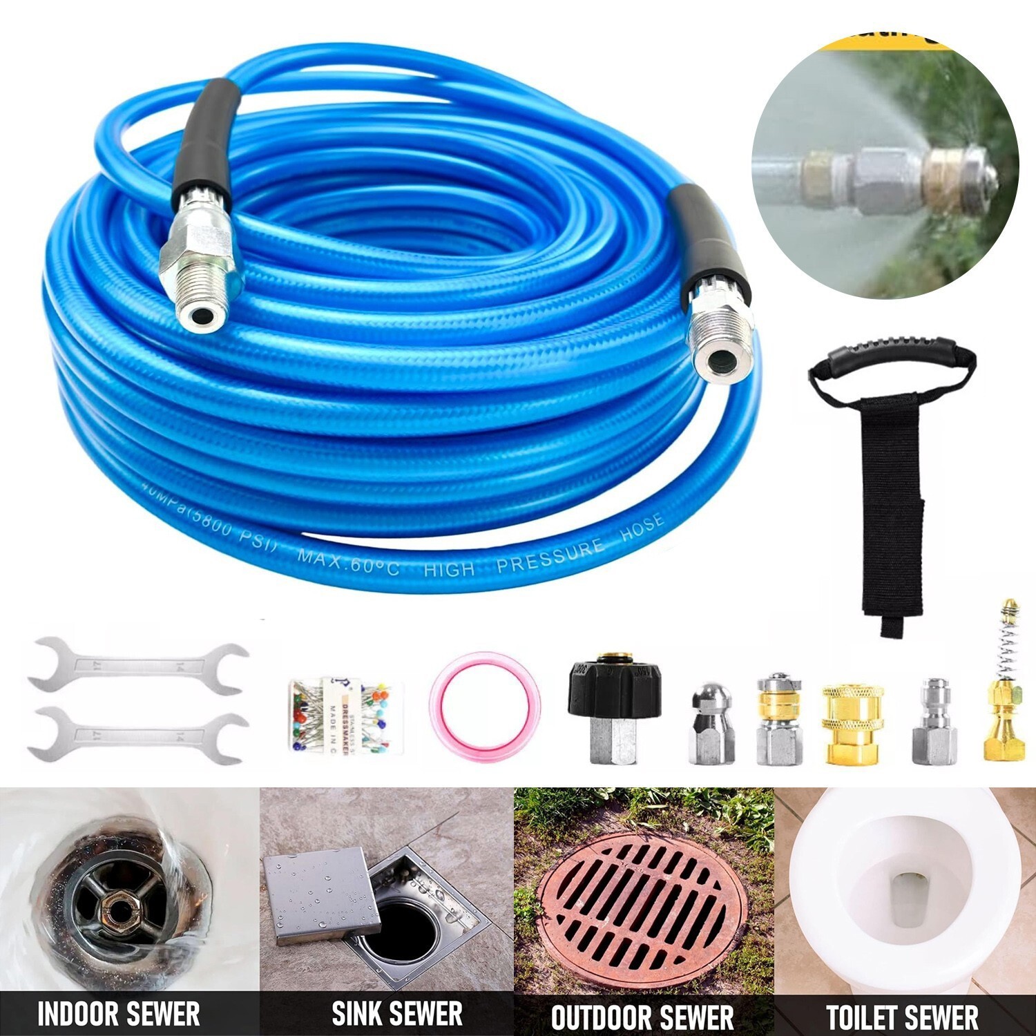 50FT 1/4″ M-NPT 5800PSI Drain Cleaner Hose Sewer Jetter Kit for Pressure Washer