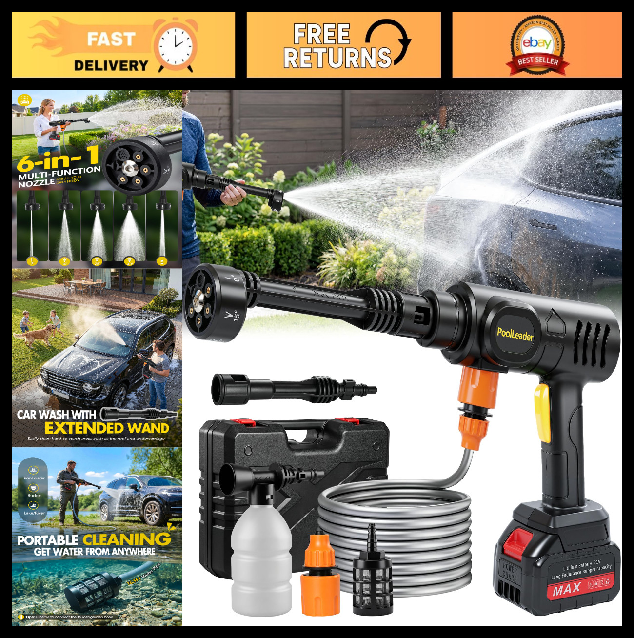 Cordless Car Cleaning Tool – 6-in-1 Nozzle & Foam Cannon, Portable Battery Opera