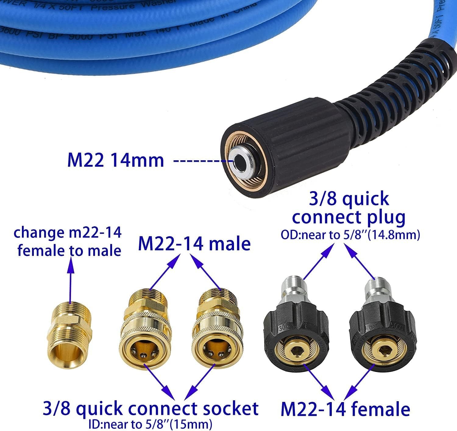 1/4″ X 50 FT High Pressure Washer Hose – Kink Resistant & M22 Compatible