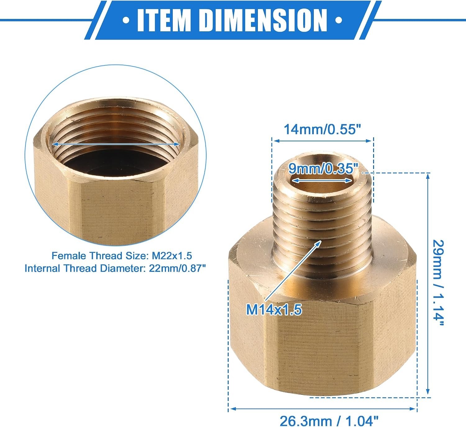 Pressure Washer Connector M22x1.5 to 9mm M14x1.5 Brass Adapter Copper Tone 1pc