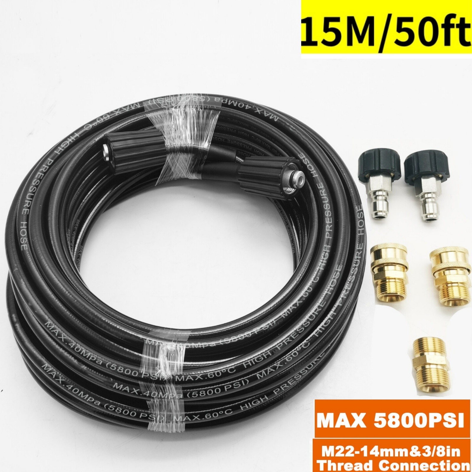 50FT 5800PSI Replacement High Pressure Power Washer Hose,M22- 3/8″ Quick Connect