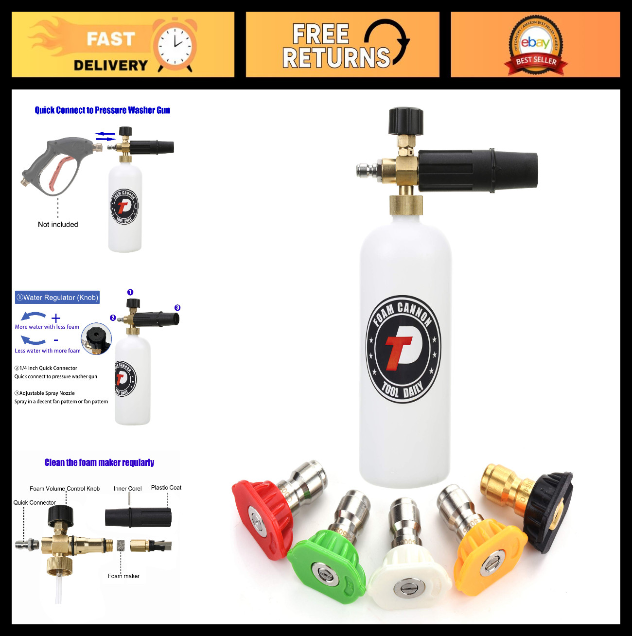 Foam Cannon for Pressure Washers, 1L, 1/4″ Quick Connector, 5 Nozzle Tips
