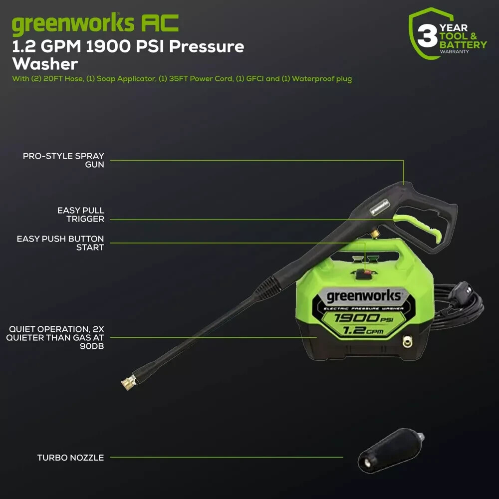 New Greenworks 1900 MAX PSI 1.2 GPM Electric Compact Pressure Washer (GPW1901)