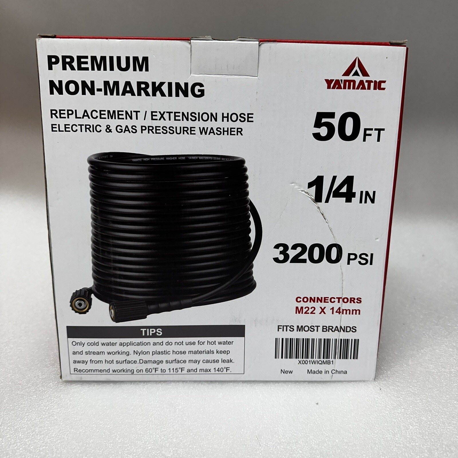 YAMATIC High Pressure Washer Hose 50FT Premium Non-Marking Hose M22-14mm 1/4”