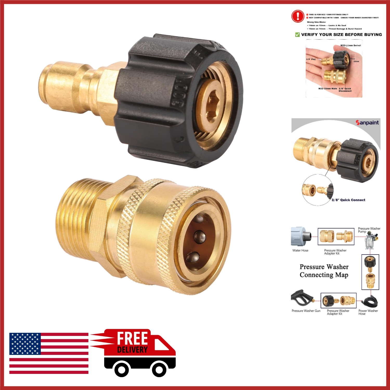 Quick Connect Kit M22 15mm to 3/8 Inch for Pressure Washer Fittings