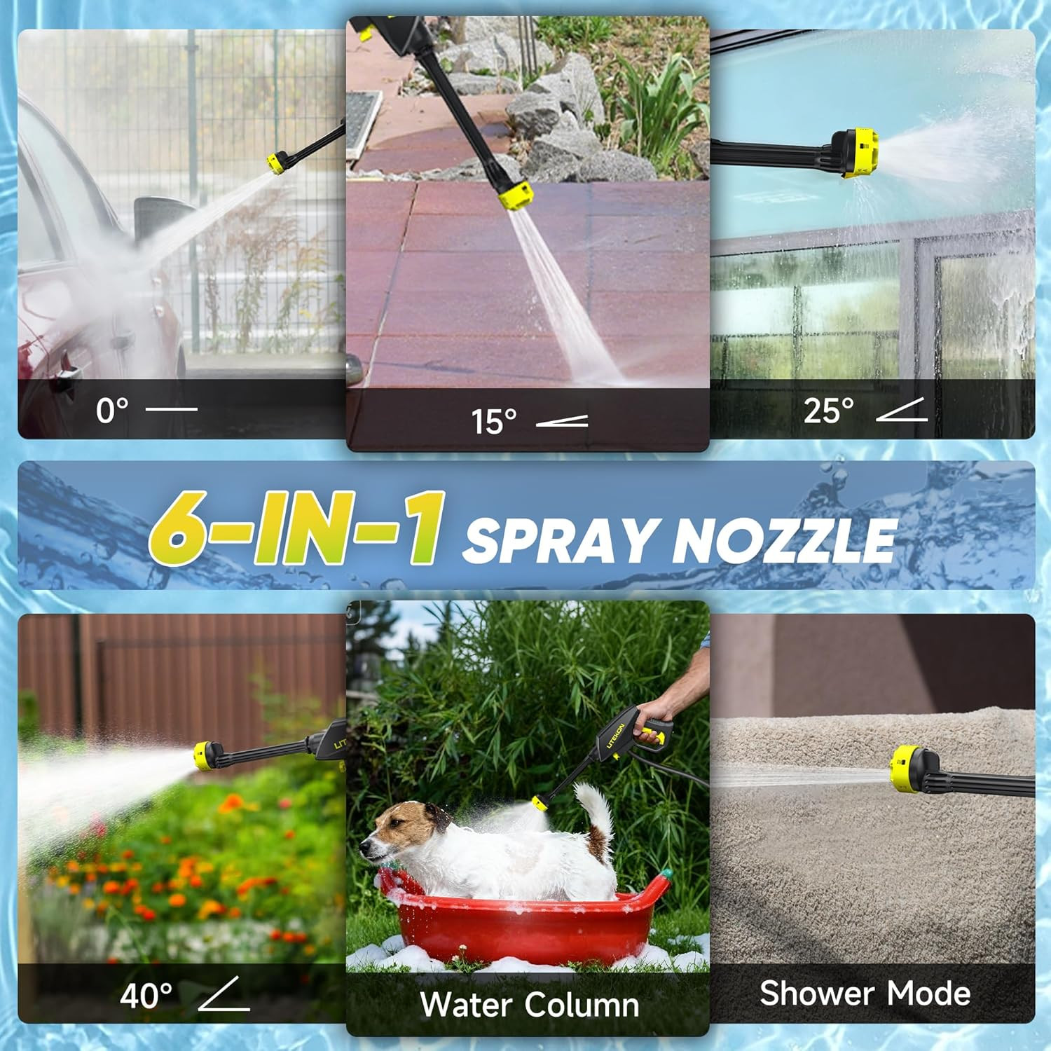 Portable Cordless Pressure Washer 750Psi, 4.5Gal Tank, 6-in-1 Nozzle